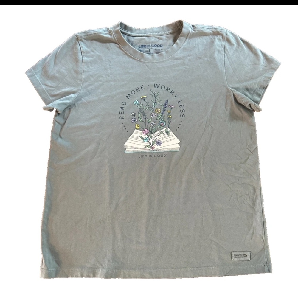 Life Is Good Read More T-Shirt with Floral Book Graphic crusher Large